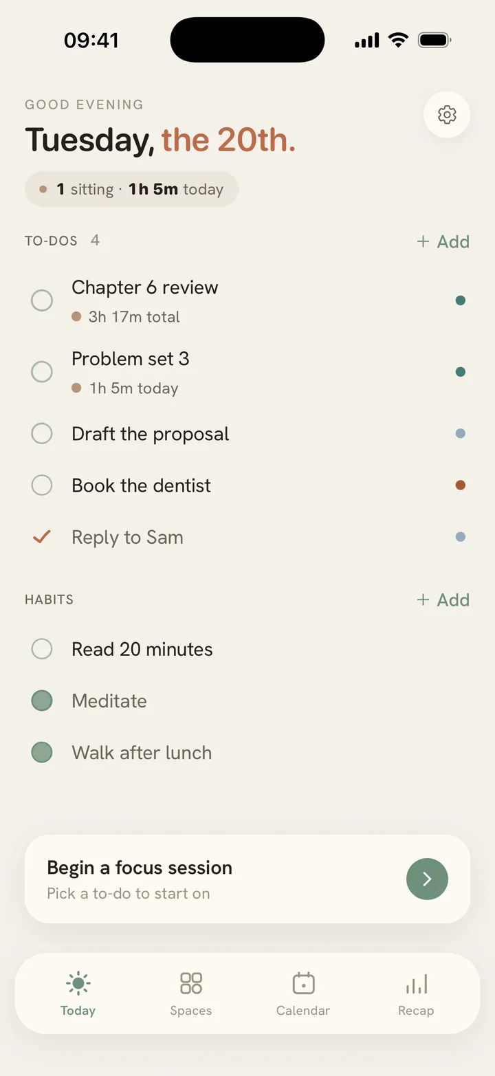 Calibrate's Today screen: a short list of to-dos for the day