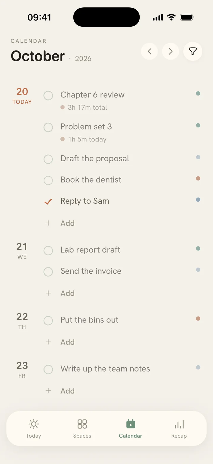 Calibrate's Calendar: a month view with lines planned on upcoming days