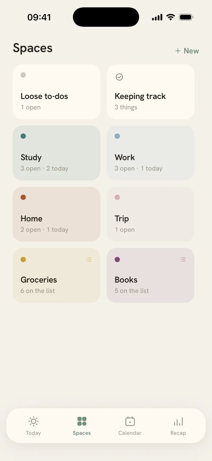The Spaces screen: tiles for each space, a list and keeping track